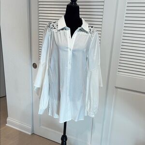 Chic White Button Down Shirt with Lace Accents